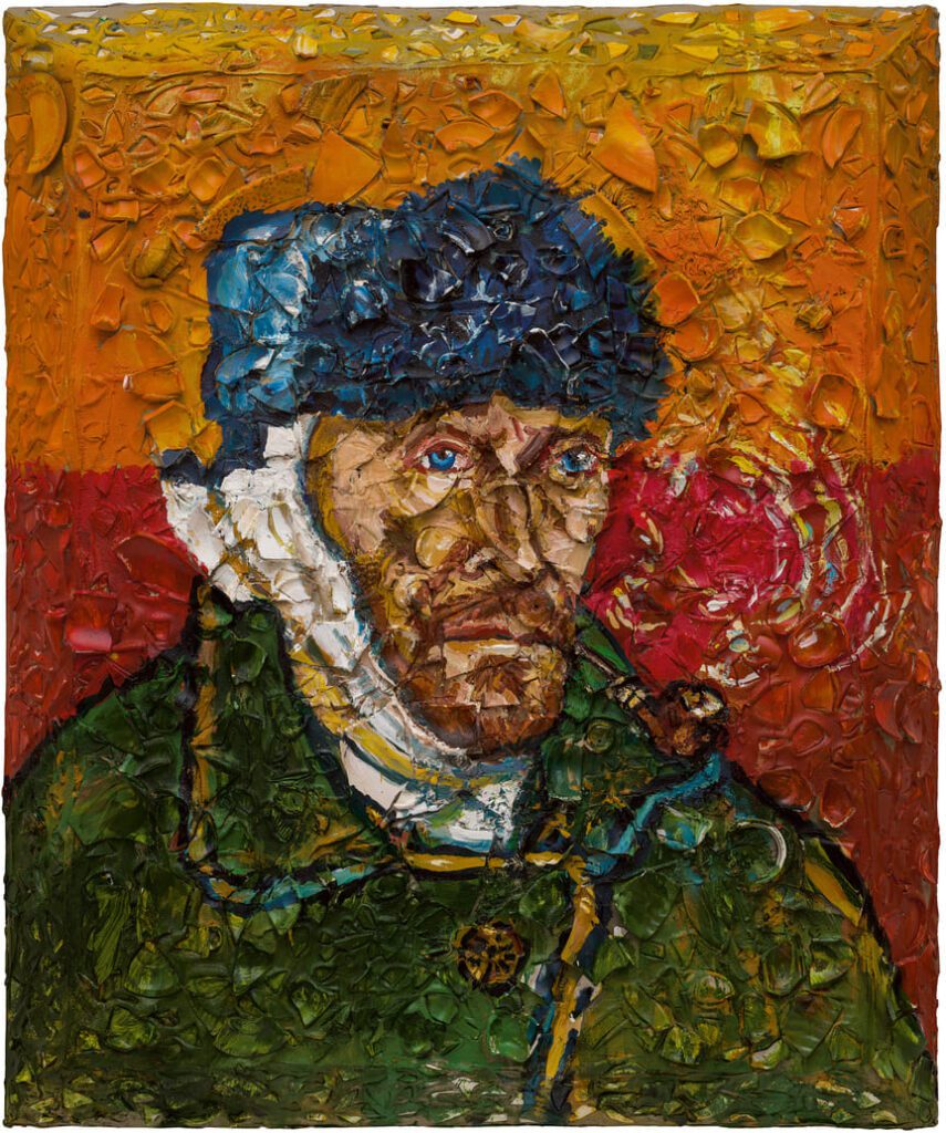 „Number 1 (Van Gogh, Self-Portrait with Bandaged Ear, Willem)“, 2018 Öl, Teller und Grundierung auf Holz © Julian Schnabel